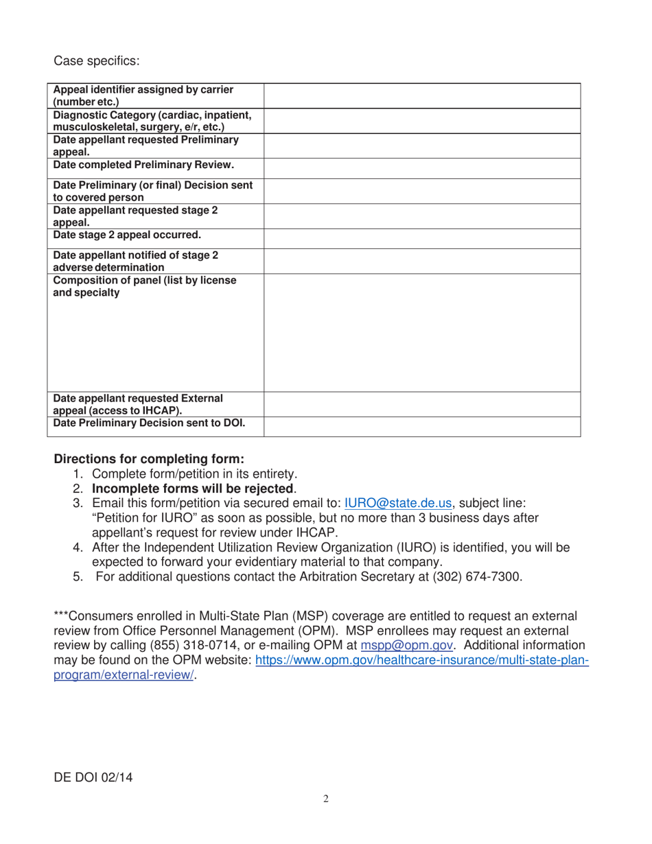 Insurers Petition for External Review - Delawares Independent Health Care Appeals Program - Delaware, Page 2