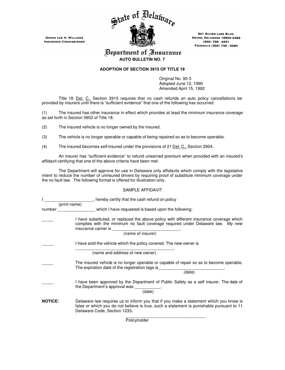 Auto Bulletin No. 7 - Adoption of Section 3915 of Title 18 (Refunds on Auto-policy Cancellations) - Delaware, Page 1