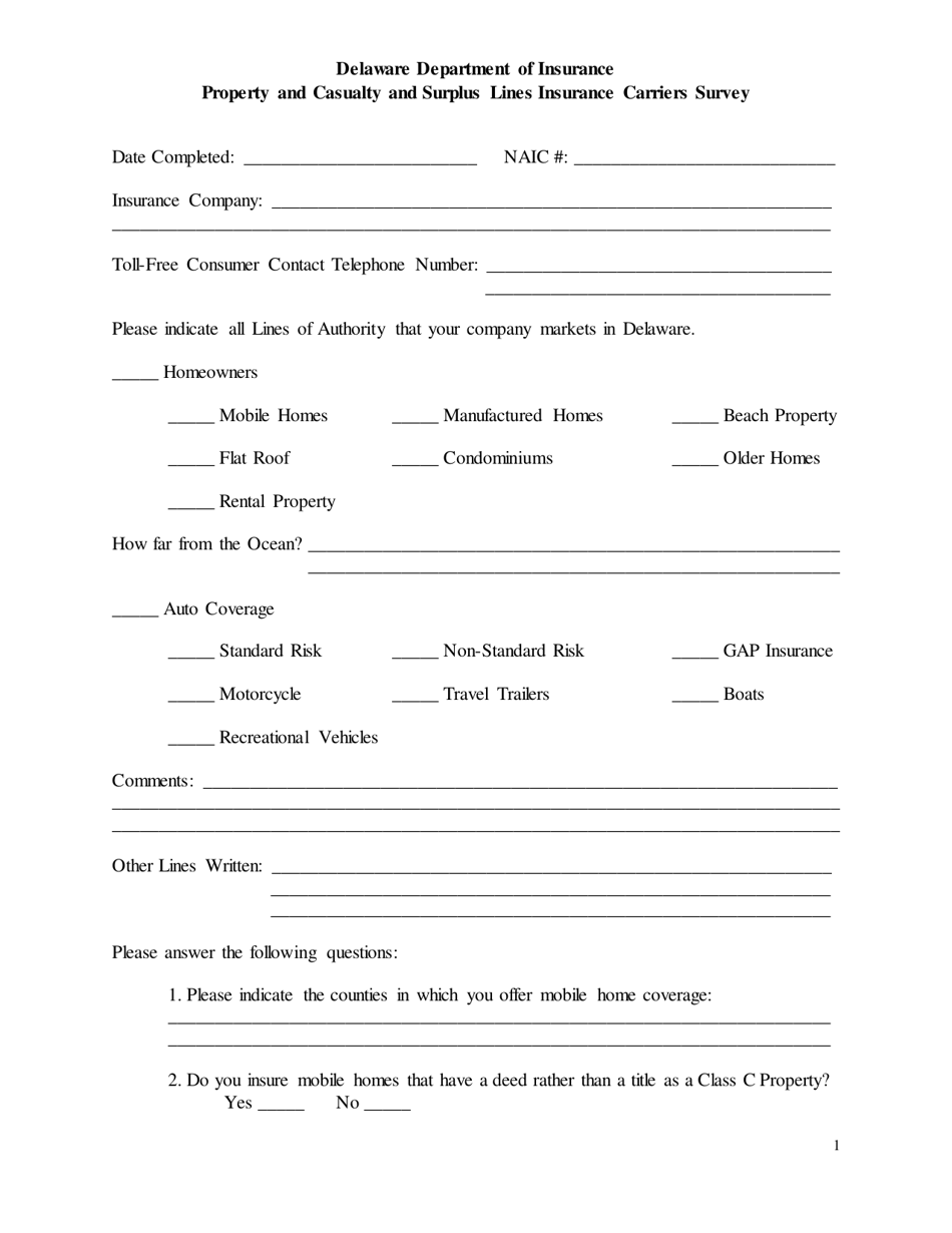 Property and Casualty and Surplus Lines Insurance Carriers Survey - Delaware, Page 1
