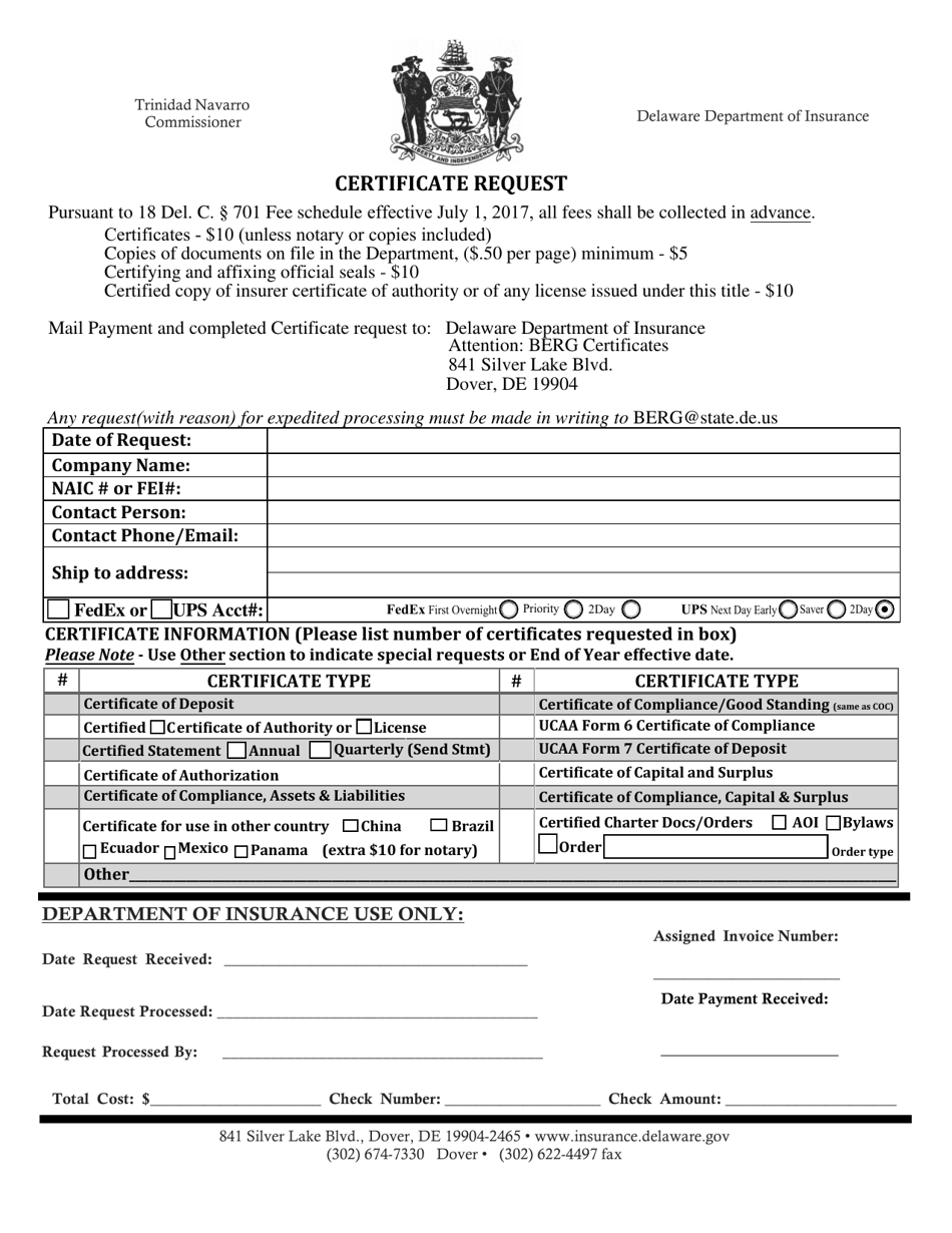 Certificate Request - Delaware, Page 1