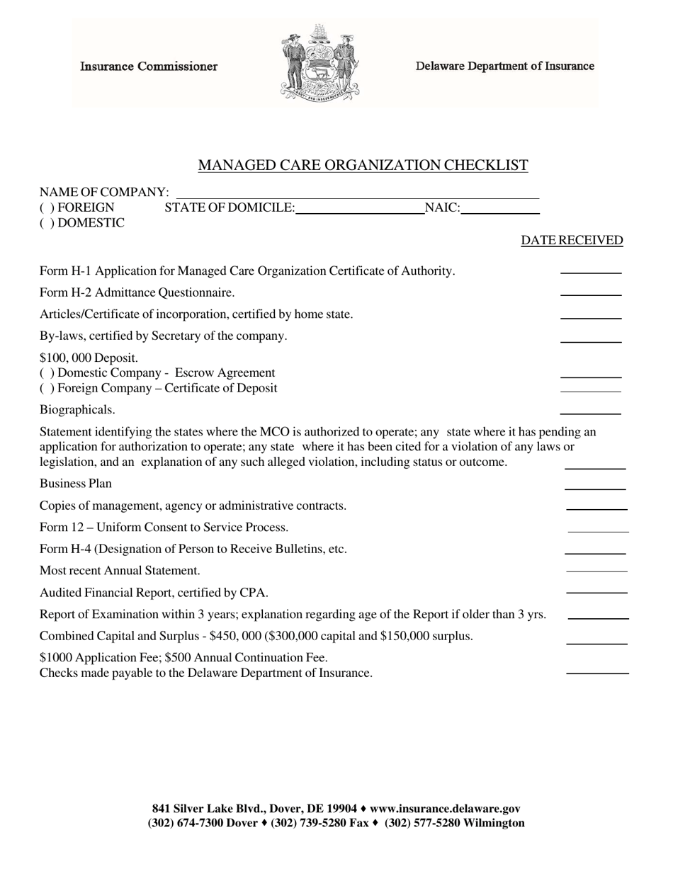 Managed Care Organization Checklist - Delaware, Page 1