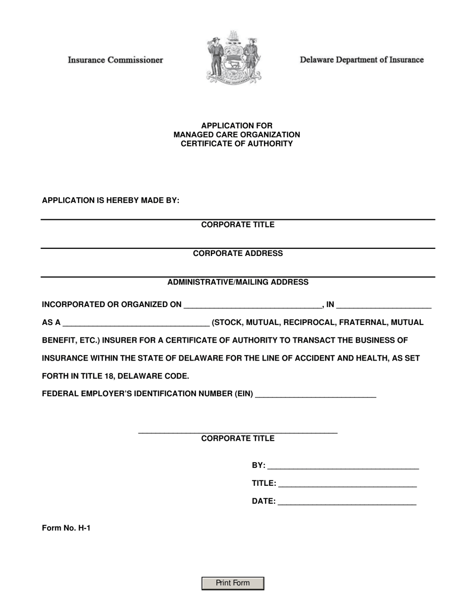 Form H-1 Application for Managed Care Organization Certificate of Authority - Delaware, Page 1