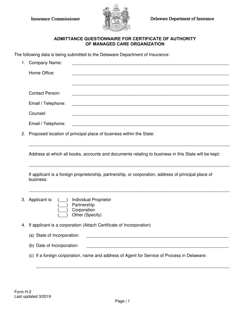 Form H-2 Admittance Questionnaire for Certificate of Authority of Managed Care Organization - Delaware, Page 1