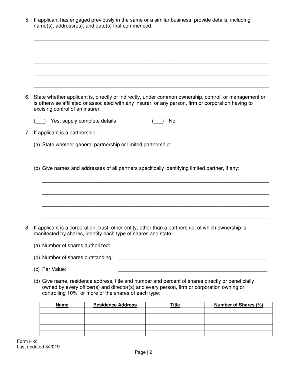 Form H-2 Admittance Questionnaire for Certificate of Authority of Managed Care Organization - Delaware, Page 2