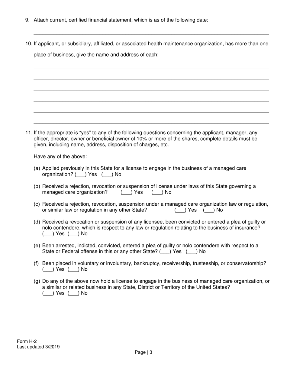 Form H-2 Admittance Questionnaire for Certificate of Authority of Managed Care Organization - Delaware, Page 3