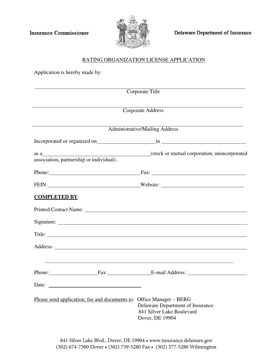 Rating Organization License Application Form - Delaware, Page 1