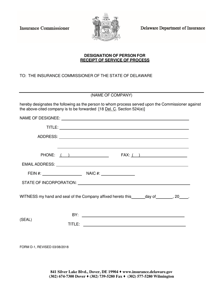 Form D-1 Designation of Person for Receipt of Service of Process - Delaware, Page 1