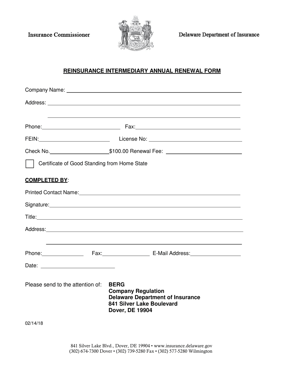 Reinsurance Intermediary Annual Renewal Form - Delaware, Page 1