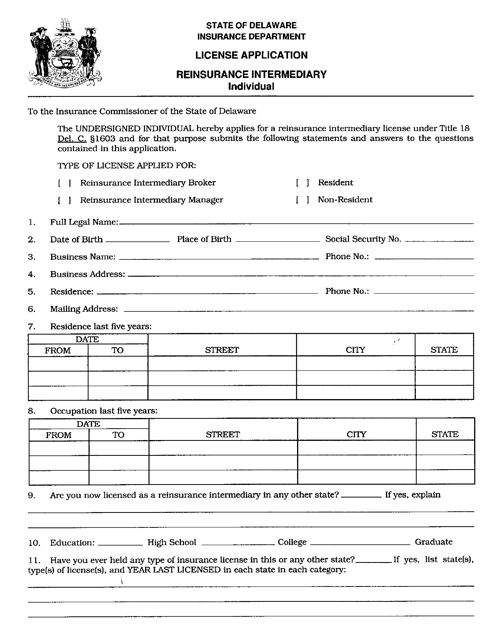License Application Reinsurance Intermediary Individual - Delaware