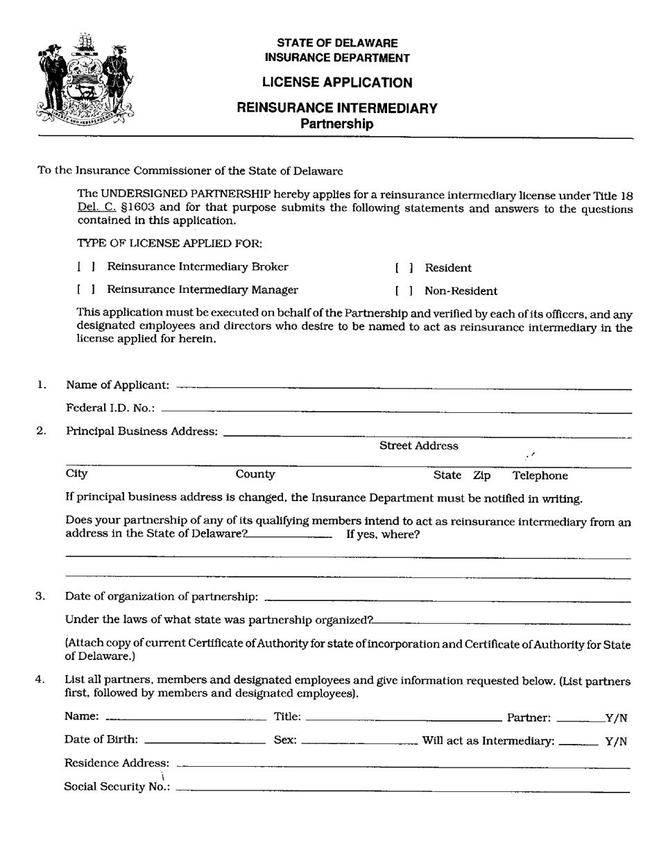 License Application Reinsurance Intermediary Partnership - Delaware, Page 1