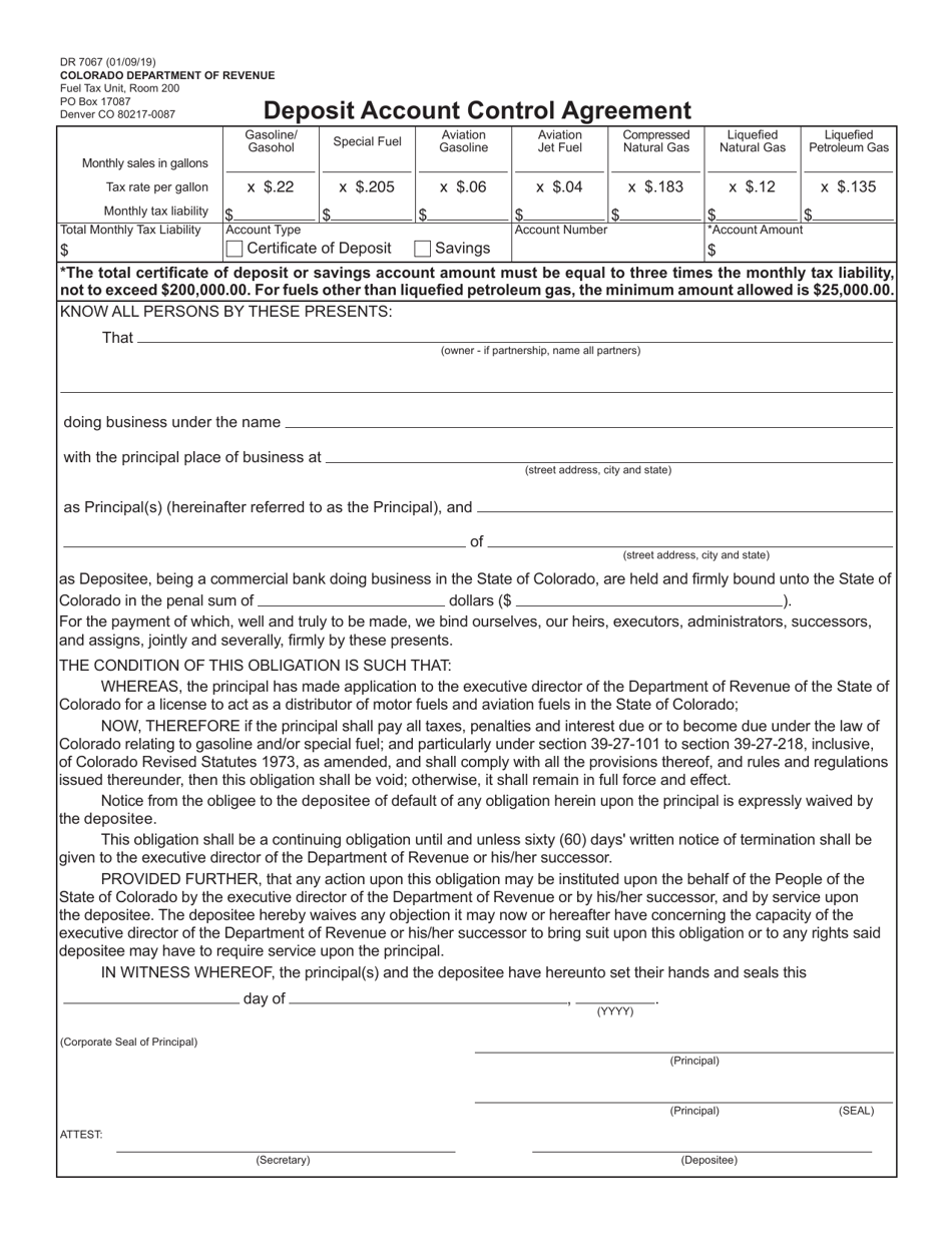 Form DR7067 Deposit Account Control Agreement - Colorado, Page 1