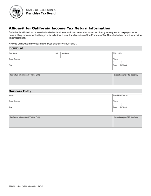 Form FTB3513 Affidavit for California Income Tax Return Information - California