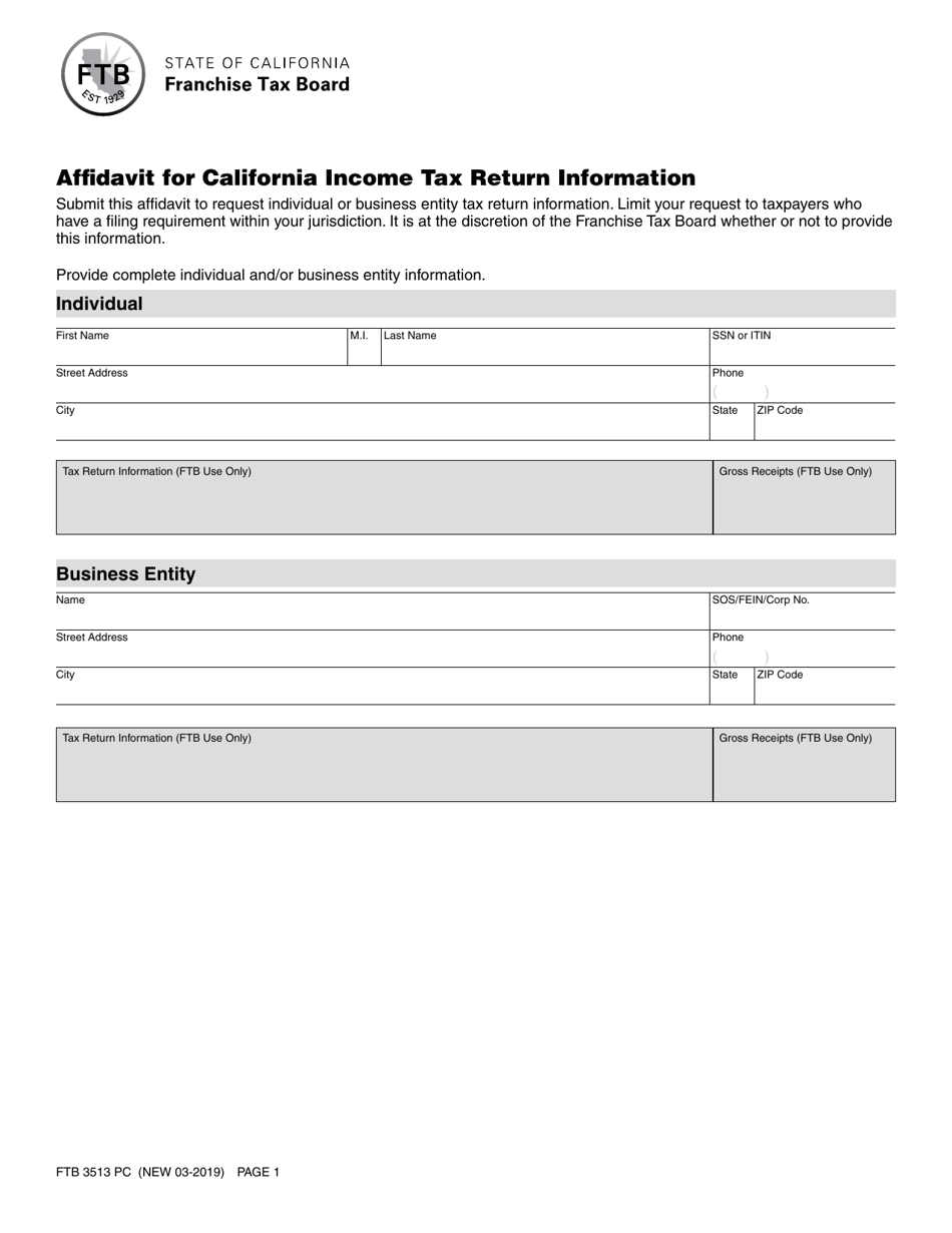 Form FTB3513 Affidavit for California Income Tax Return Information - California, Page 1