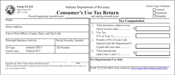 Document preview: Form ST-115 (State Form 321) Consumer's Use Tax Return - Indiana