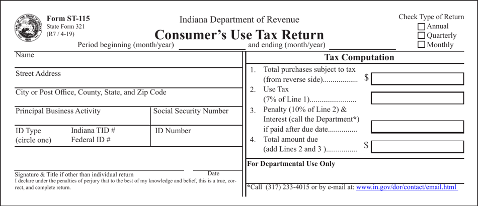 Form ST-115 (State Form 321) Consumers Use Tax Return - Indiana, Page 1
