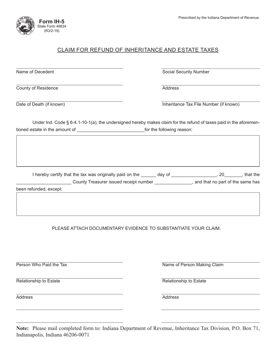 Form IH-5 (State Form 48834) Claim for Refund of Inheritance and Estate Taxes - Indiana, Page 1