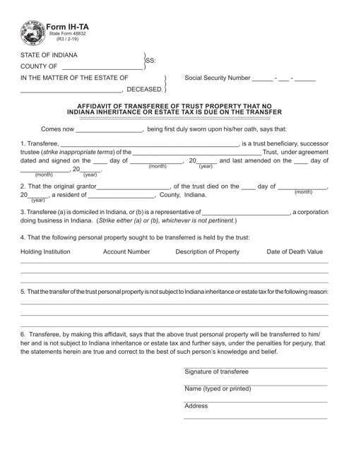 Form IH-TA (State Form 48832) Affidavit of Transferee of Trust Property That No Indiana Inheritance or Estate Tax Is Due on the Transfer - Indiana