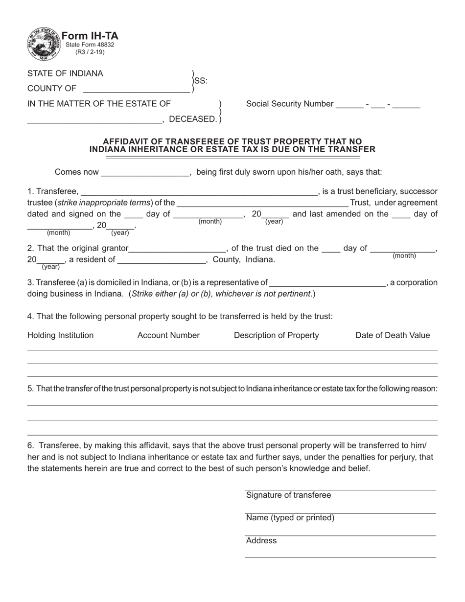 Form IH-TA (State Form 48832) Affidavit of Transferee of Trust Property That No Indiana Inheritance or Estate Tax Is Due on the Transfer - Indiana, Page 1