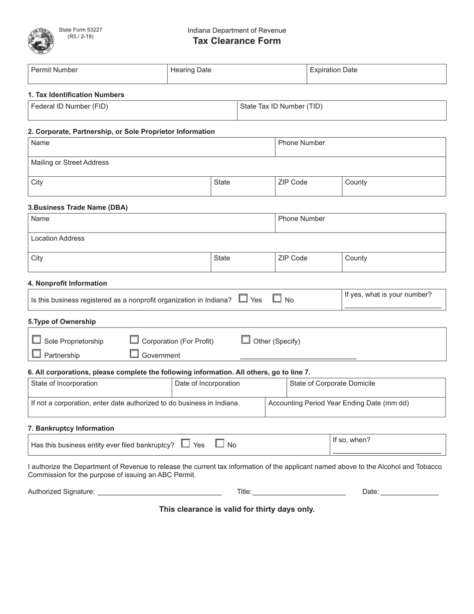 State Form 53227 Tax Clearance Form - Indiana, Page 1