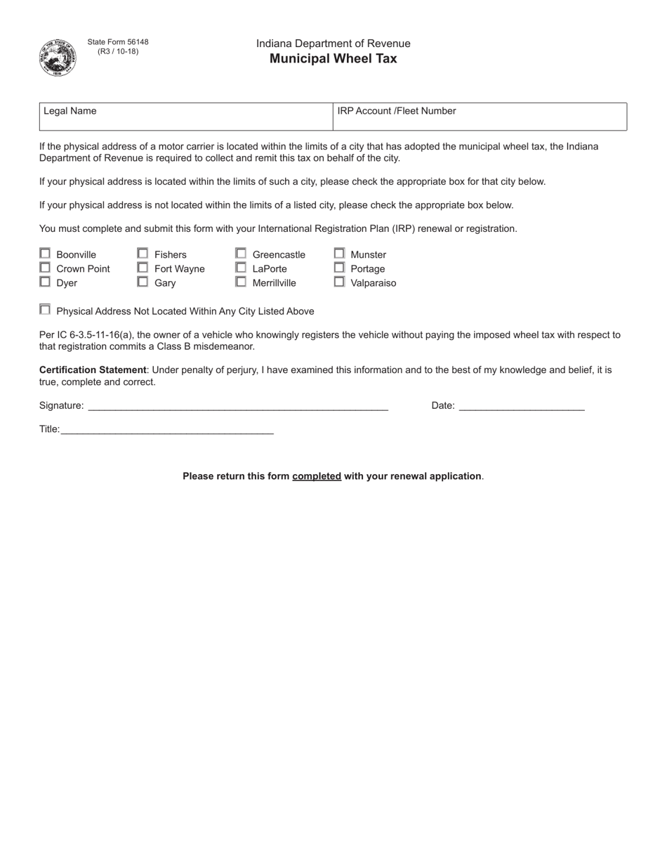 State Form 56148 Municipal Wheel Tax - Indiana, Page 1