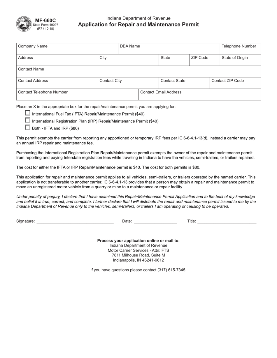 Form MF-660C (State Form 49097) Application for Repair and Maintenance Permit - Indiana, Page 1