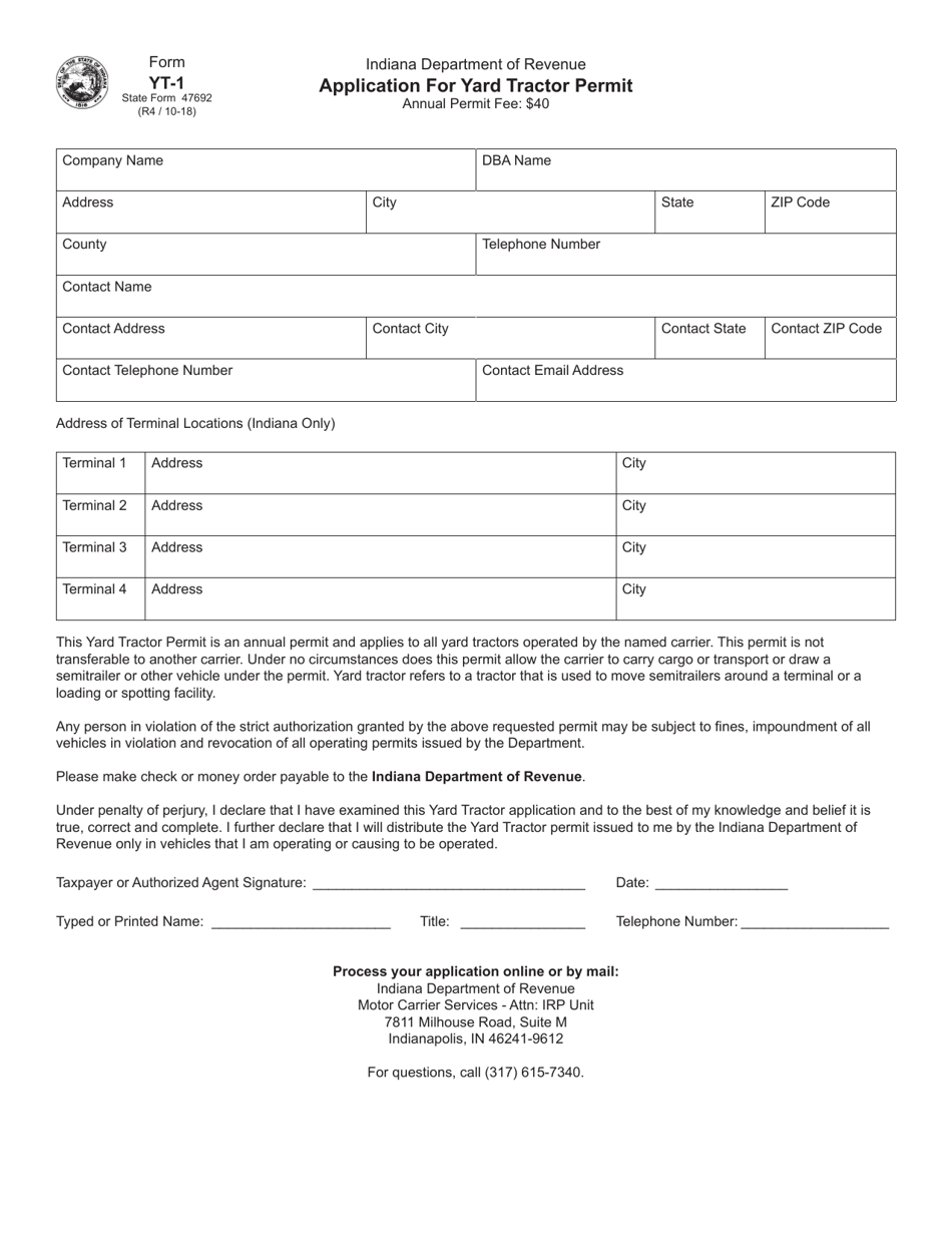 Form YT-1 (State Form 47692) Application for Yard Tractor Permit - Indiana, Page 1