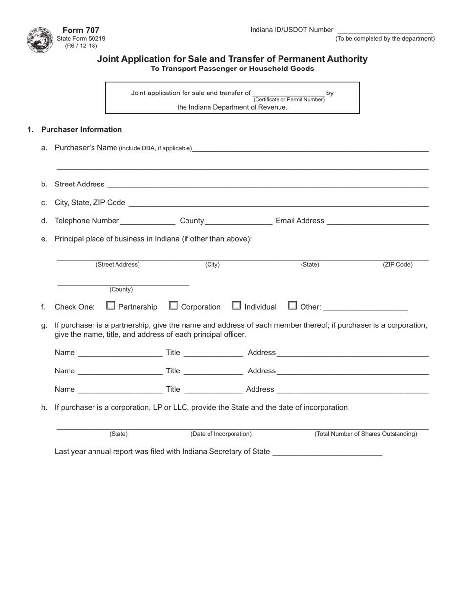 Form 707 (State Form 50219) Joint Application for Sale and Transfer of Permanent Authority to Transport Passenger or Household Goods - Indiana, Page 1