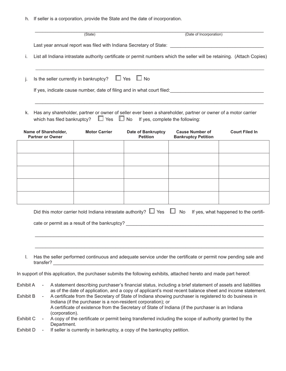 Form 707 (State Form 50219) Joint Application for Sale and Transfer of Permanent Authority to Transport Passenger or Household Goods - Indiana, Page 3