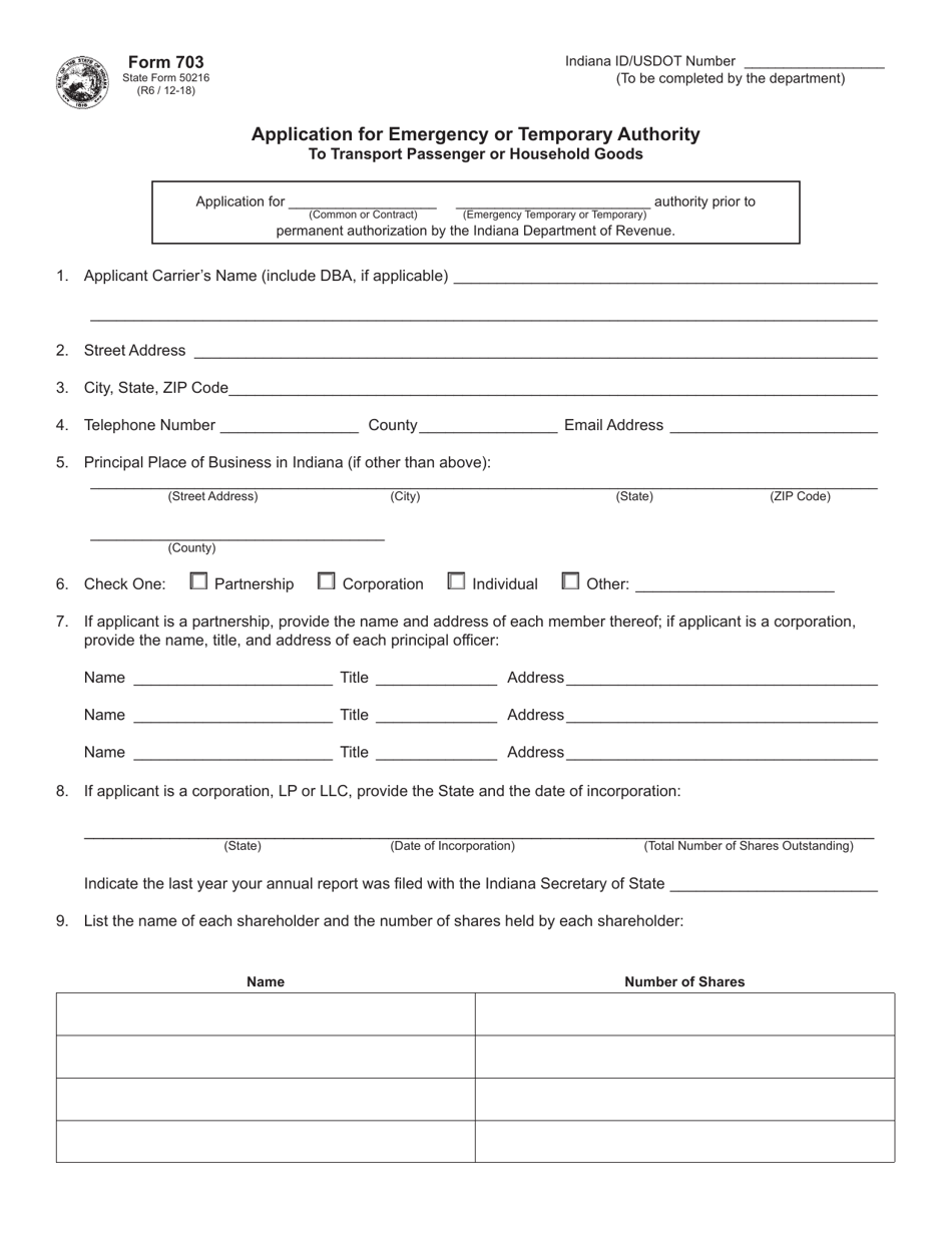 Form 703 (State Form 50216) Application for Emergency or Temporary Authority to Transport Passenger or Household Goods - Indiana, Page 1