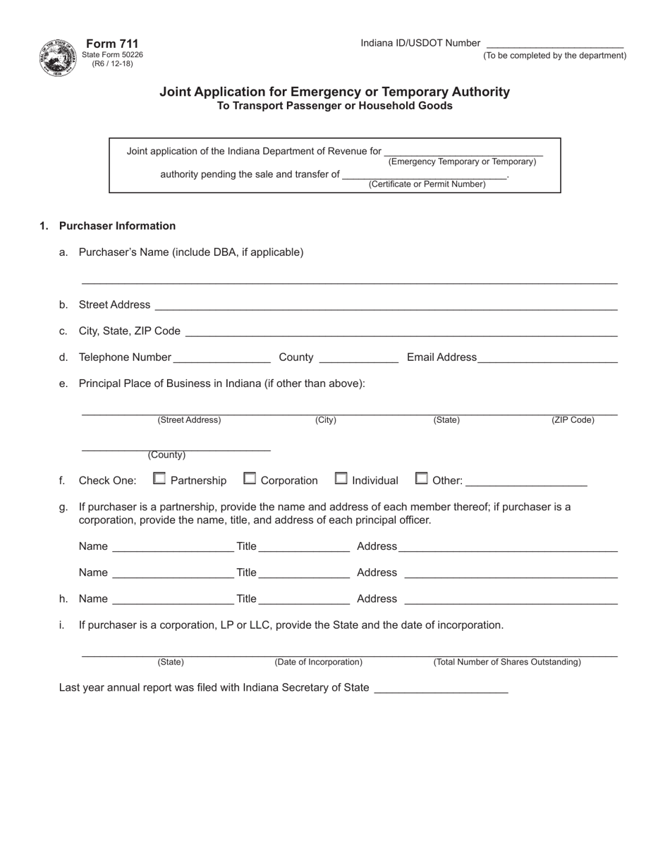Form 711 (State Form 50226) Joint Application for Emergency or Temporary Authority to Transport Passenger or Household Goods - Indiana, Page 1