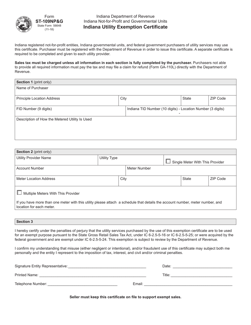 Form ST-109NPG (State Form 56648) Indiana Utility Exemption Certificate - Indiana, Page 1