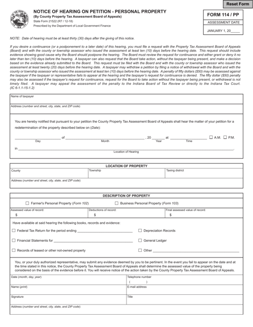 Form 114 / PP (State Form 21522) Notice of Hearing on Petition - Personal Property - Indiana
