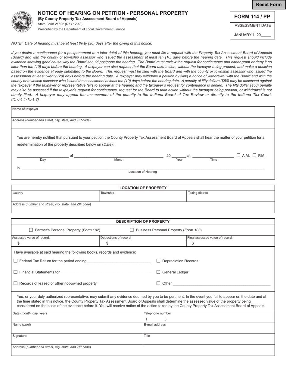Form 114 / PP (State Form 21522) Notice of Hearing on Petition - Personal Property - Indiana, Page 1