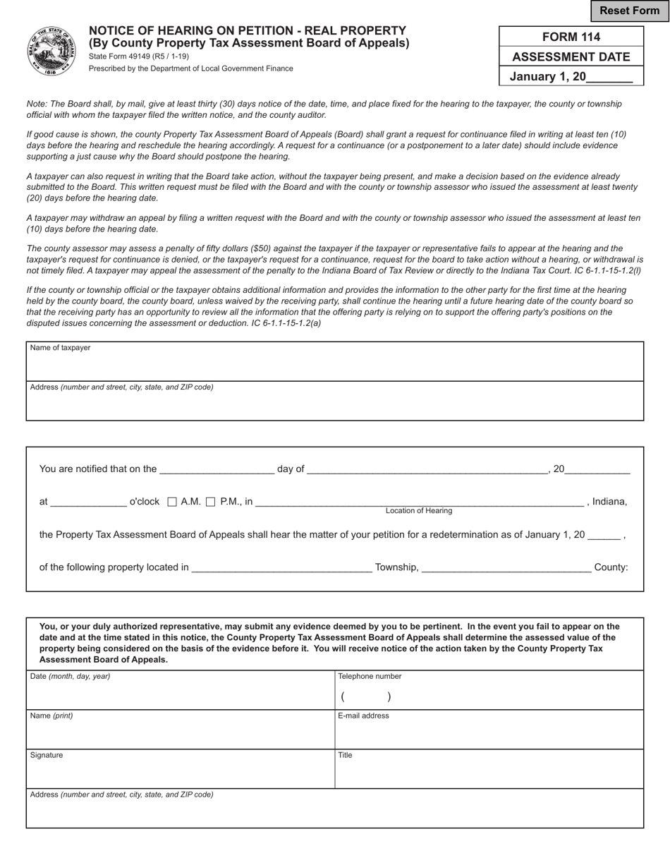 State Form 49149 (114) Notice of Hearing on Petition - Real Property (By County Tax Assessment Board of Appeals) - Indiana, Page 1