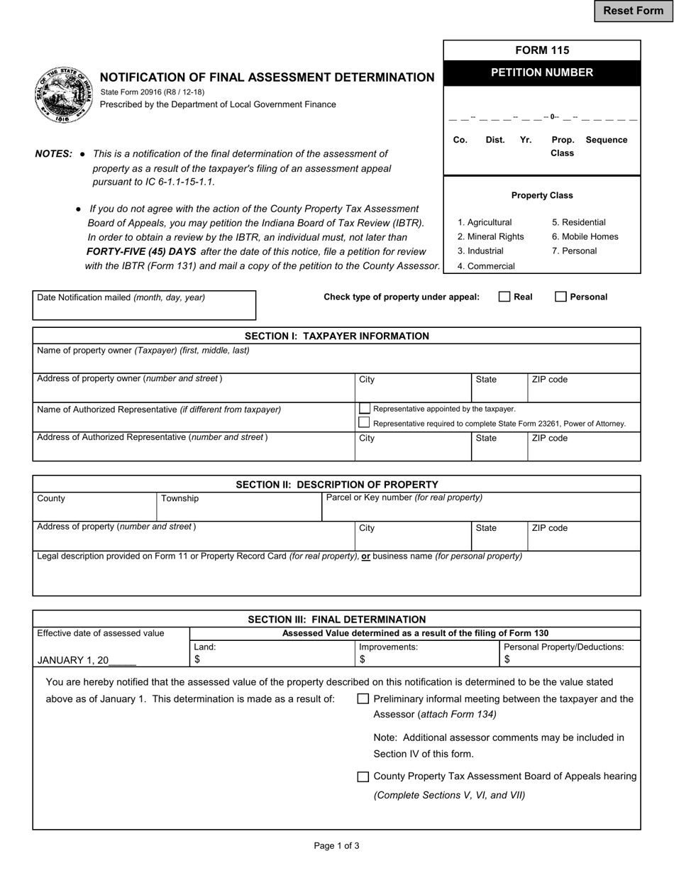 State Form 20916 (115) Notification of Final Assessment Determination - Indiana, Page 1