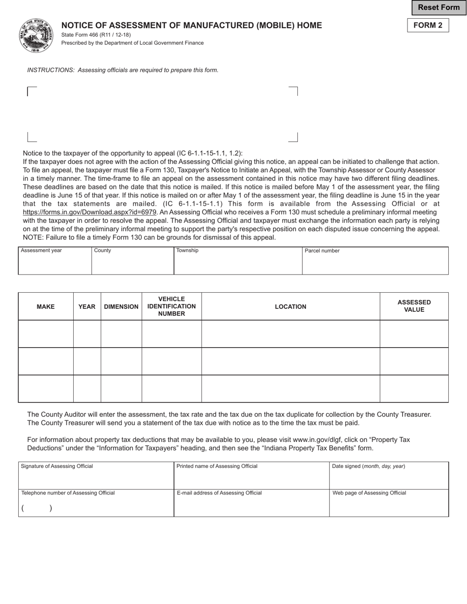 Form 2 (State Form 466) Notice of Assessment of Manufactured (Mobile) Home - Indiana, Page 1