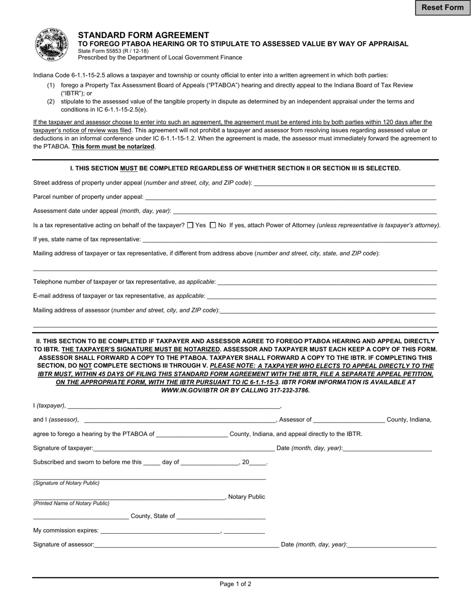 State Form 55853 Standard Form Agreement to Forego Ptaboa Hearing or to Stipulate to Assessed Value by Way of Appraisal - Indiana, Page 1