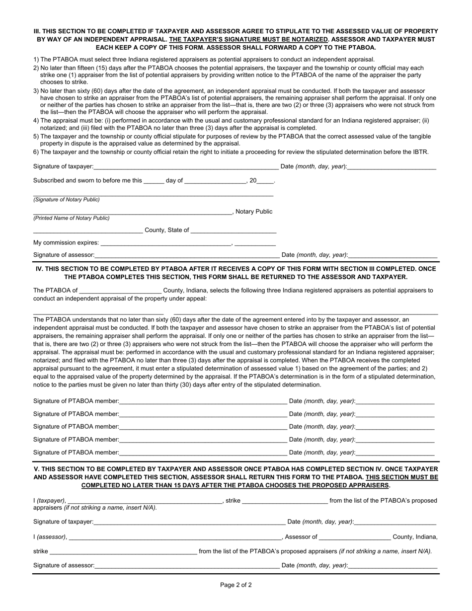 State Form 55853 Standard Form Agreement to Forego Ptaboa Hearing or to Stipulate to Assessed Value by Way of Appraisal - Indiana, Page 2