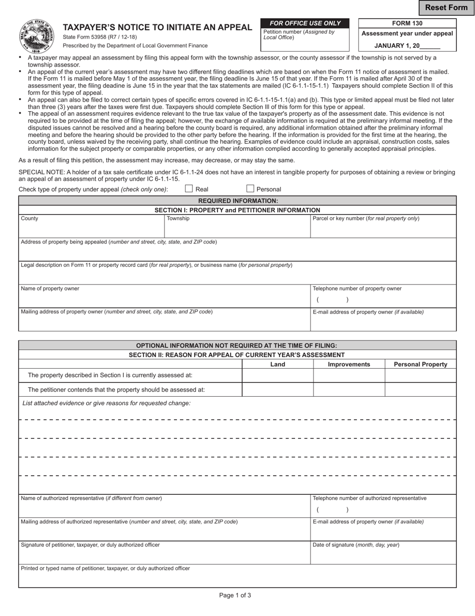 Form 130 (State Form 53958) Taxpayers Notice to Initiate an Appeal - Indiana, Page 1