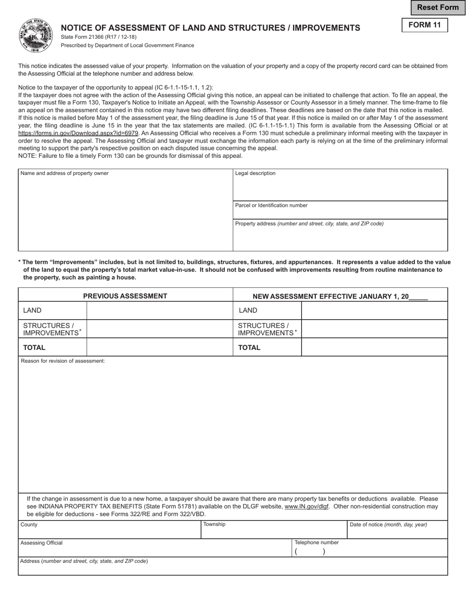 Form 11 (State Form 21366) Notice of Assessment of Land and Structures / Improvements - Indiana, Page 1