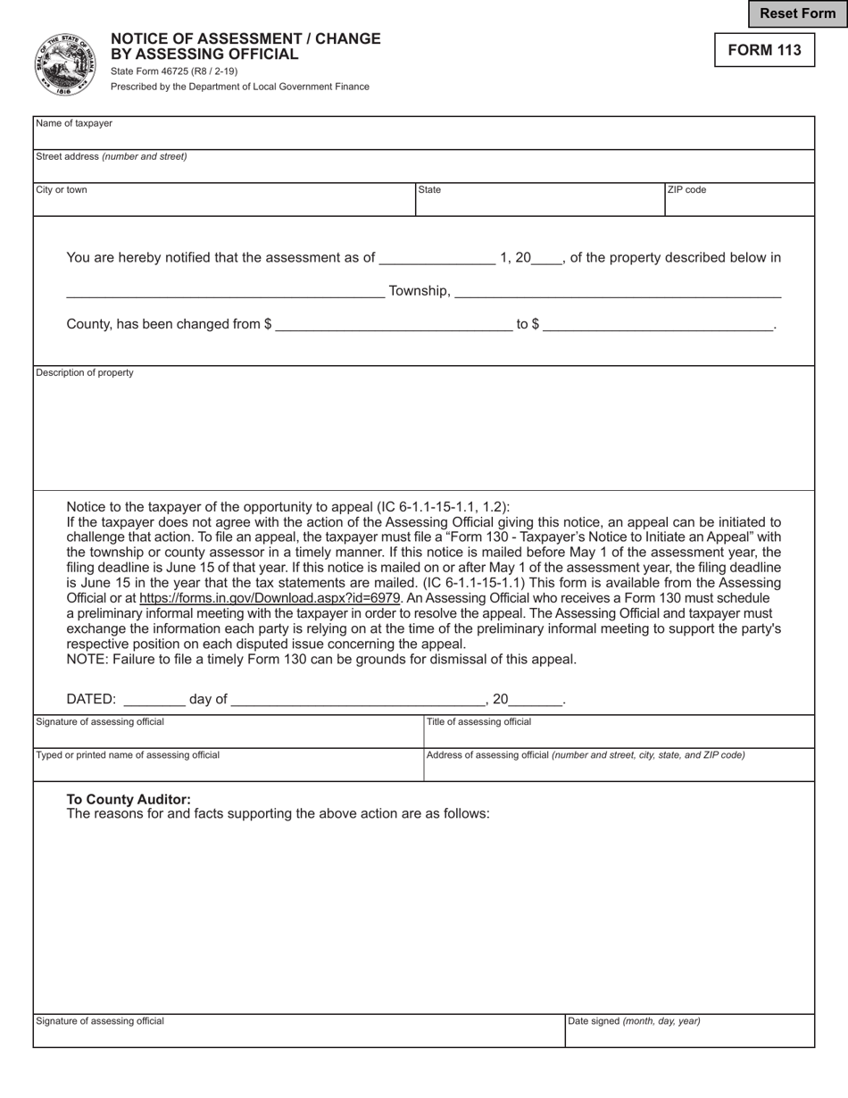 State Form 46725 (113) Notice of Assessment / Change by Assessing Official - Indiana, Page 1