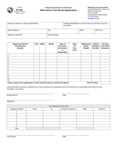 Form SF-801 (State Form 46292) Alternative Fuel Decal Application - Indiana
