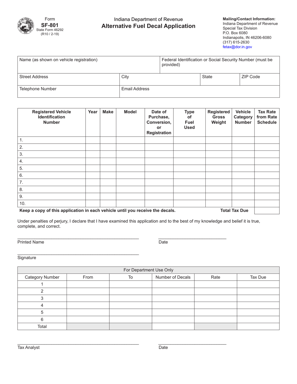 Form SF-801 (State Form 46292) Alternative Fuel Decal Application - Indiana, Page 1