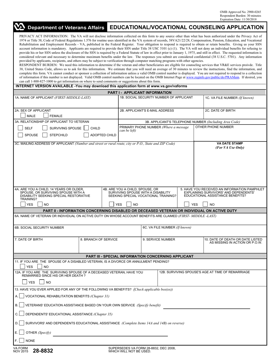 VA Form 28-8832 Educational / Vocational Counseling Application, Page 1