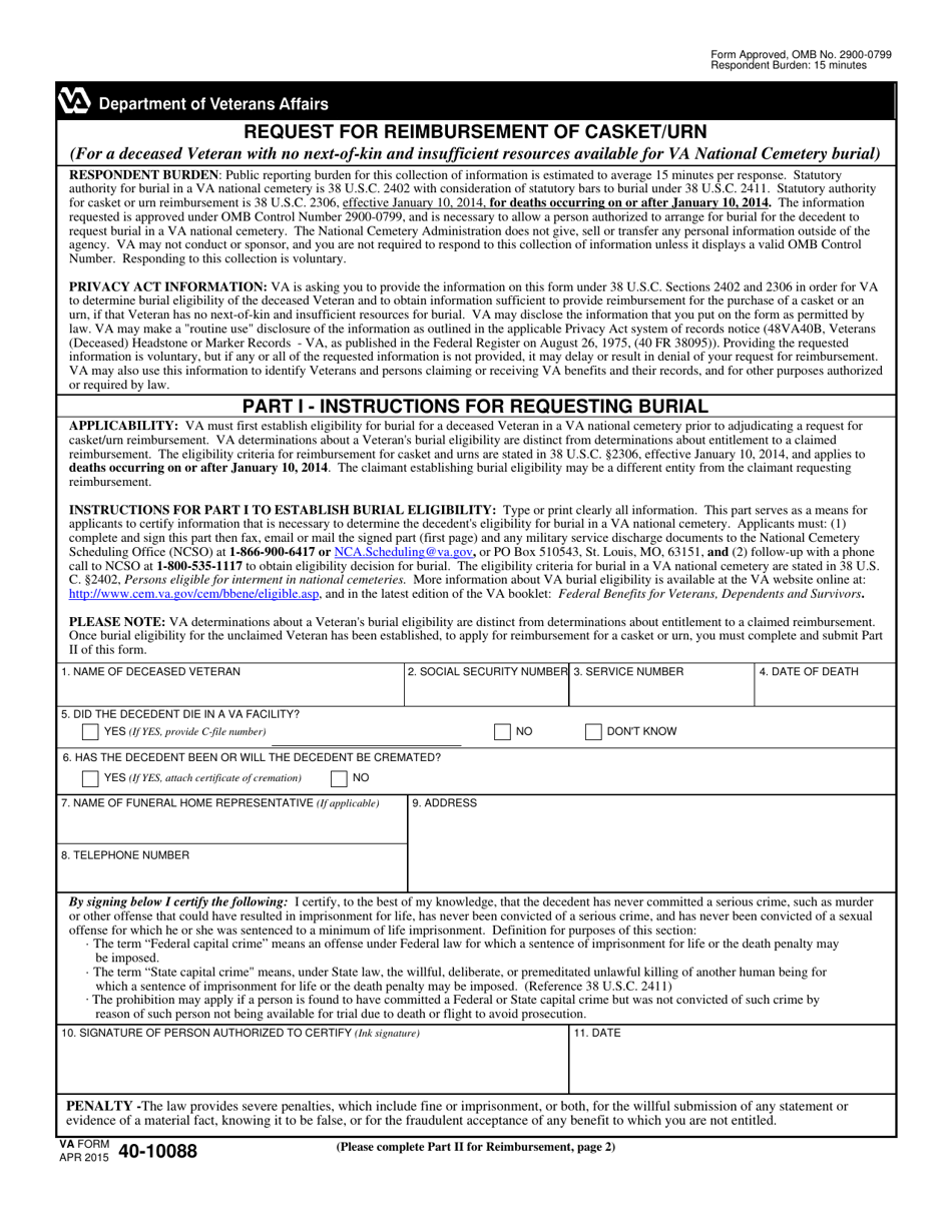 VA Form 40-10088 Request for Reimbursement of Casket / Urn, Page 1