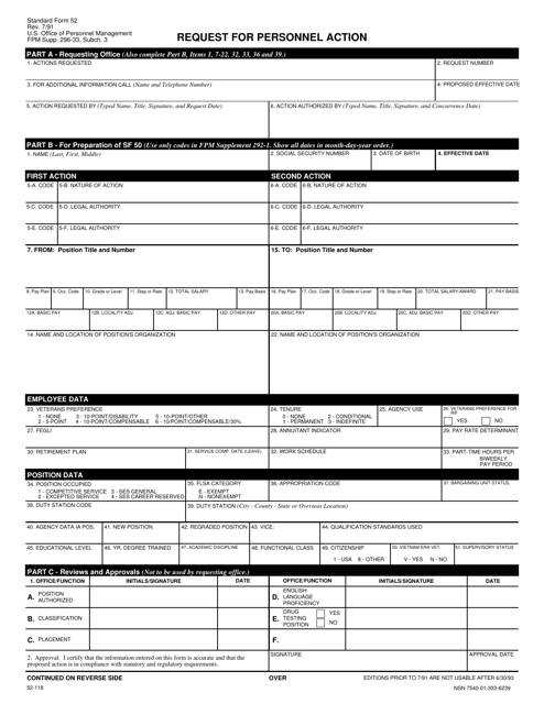 Form SF-52 Request for Personnel Action