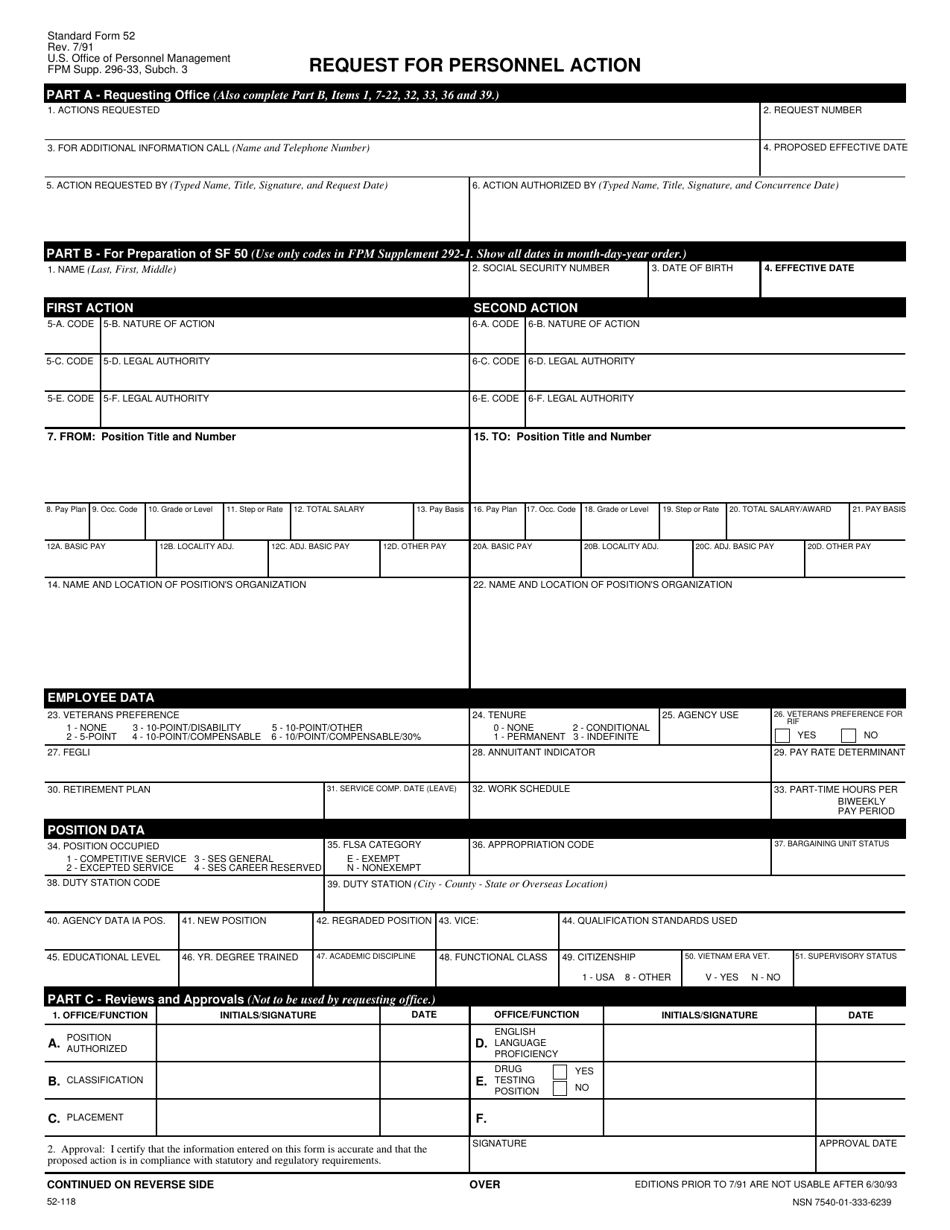 Form SF-52 Request for Personnel Action, Page 1