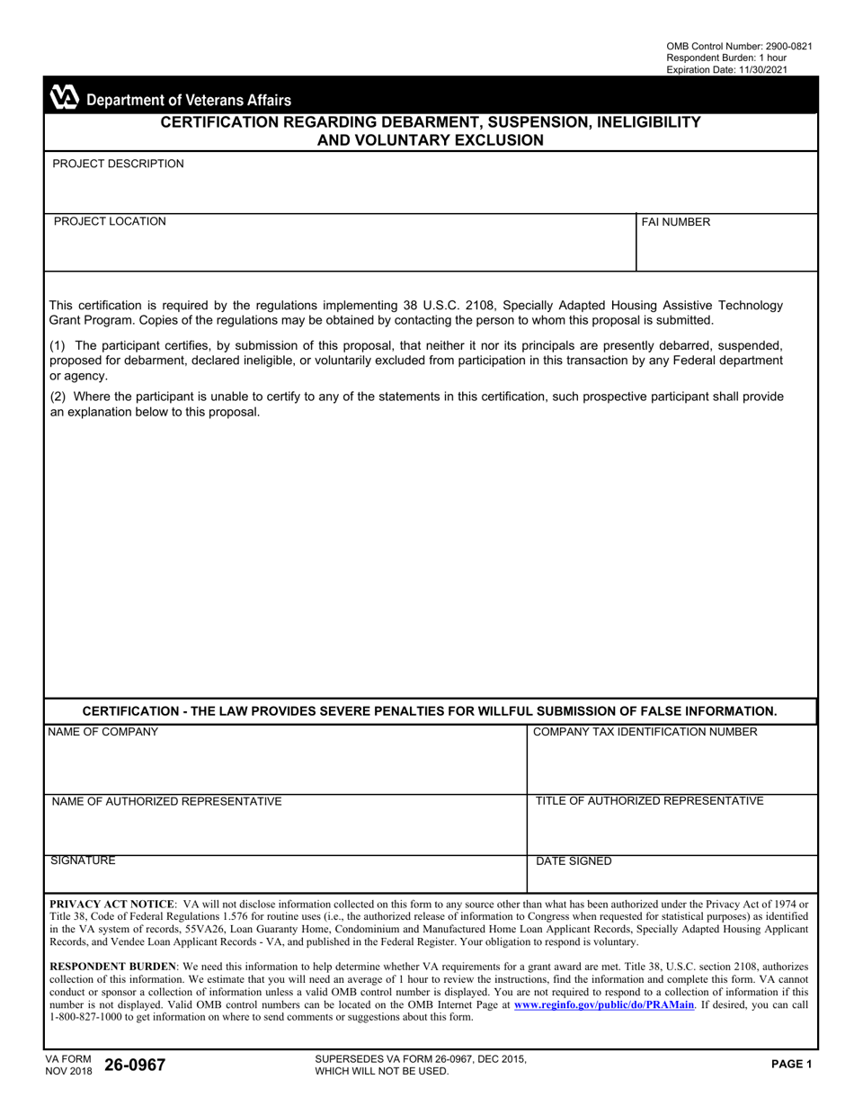 VA Form 26-0967 Certification Regarding Debarment, Suspension, Ineligibility, and Voluntary Exclusion, Page 1