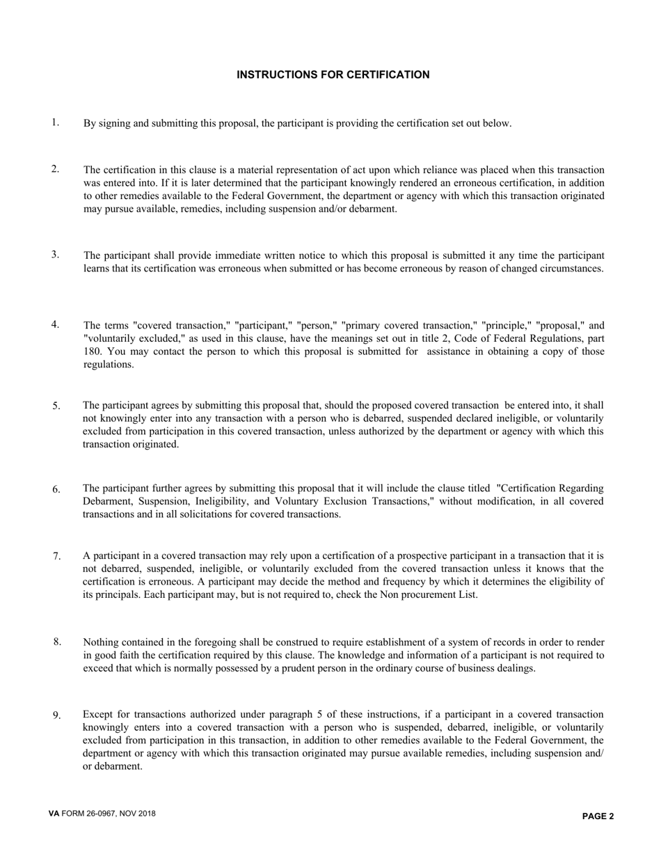 VA Form 26-0967 Certification Regarding Debarment, Suspension, Ineligibility, and Voluntary Exclusion, Page 2