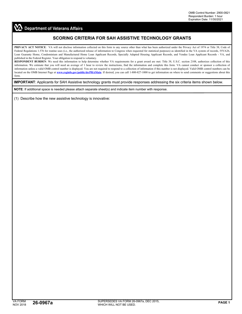 VA Form 26-0967A Scoring Criteria for Sah Assistive Technology Grants, Page 1